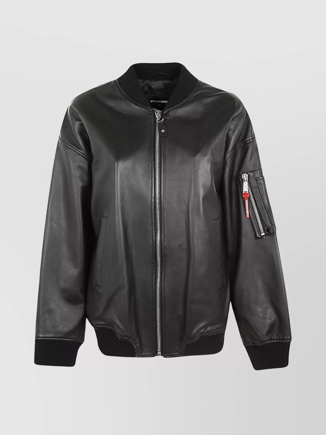 Dsquared2 Leather Bomber Jacket With Ribbed Finish In Black