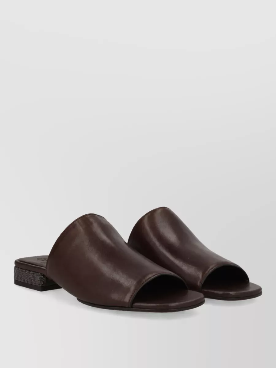 Brunello Cucinelli Leather Mules Open Toe Decorated Heel