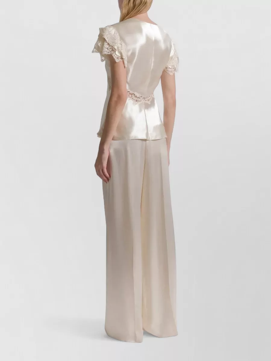 Alberta Ferretti V Neck Satin Top Ruffled Lace