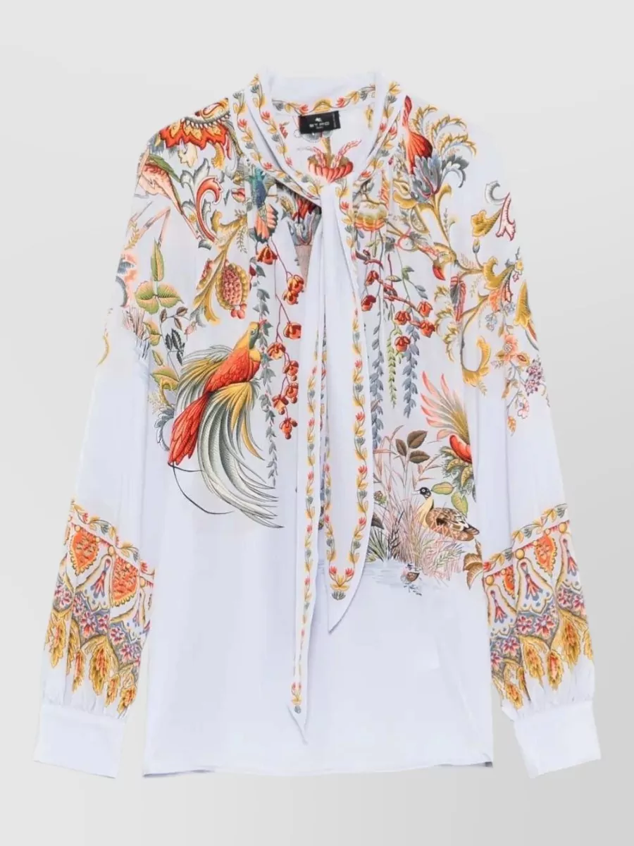 Etro silk floral bird-print tie-collar blouse