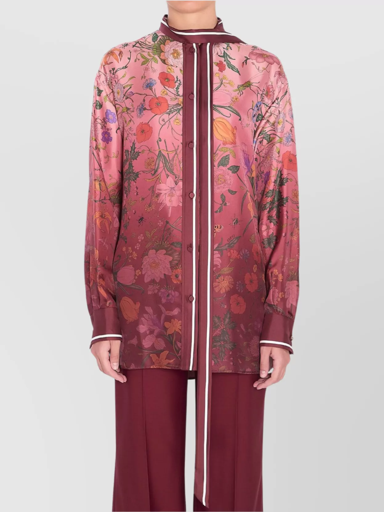 Gucci Silk Shirt With Flora Print And Tie Bow In Brown
