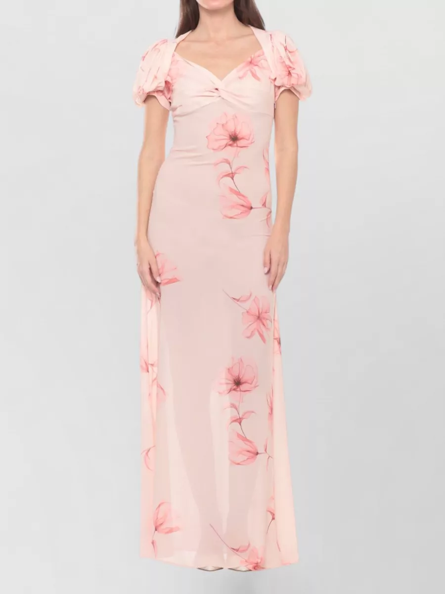 Mar De Margaritas Floral-Print Draped V-Neck Short-Sleeve Midi Dress