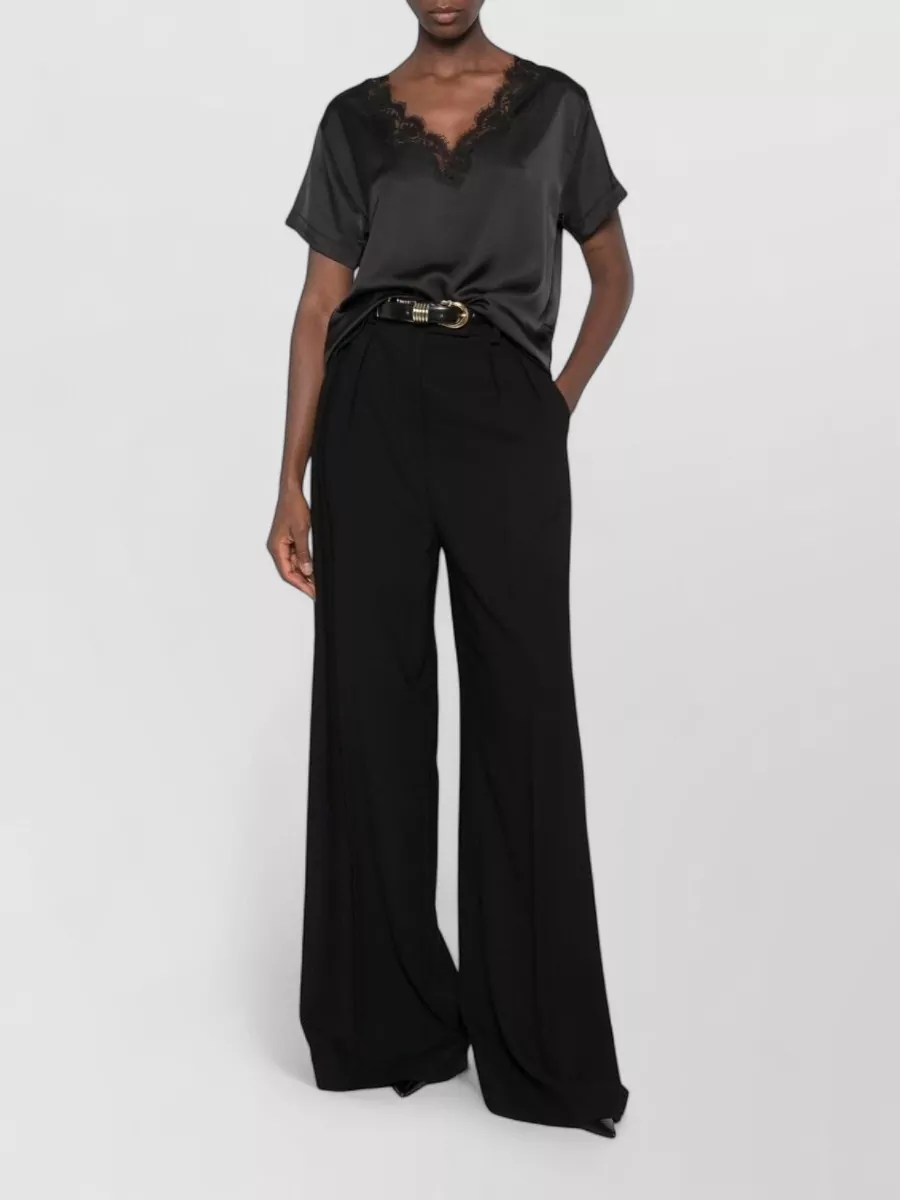 Ermanno Firenze Satin Lace-Trim V-Neck Short-Sleeve Top