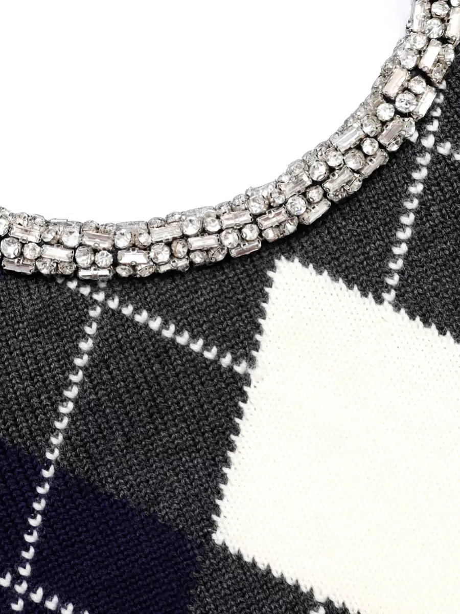 Self-Portrait Wool Argyle Crystal-Trim Knit Jumper