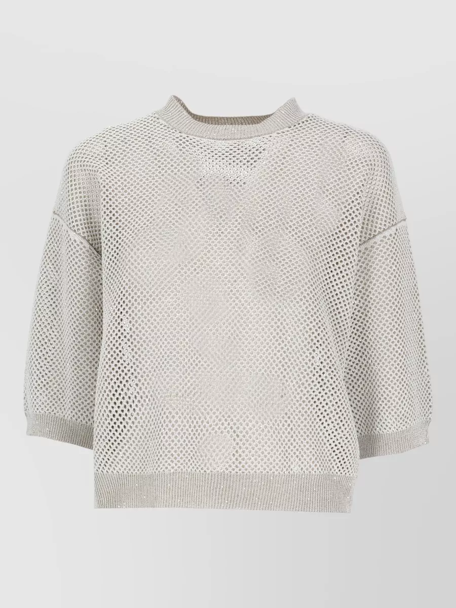 Peserico Cotton Crewneck 3/4-Sleeve Cutout Sequin Knitted Top