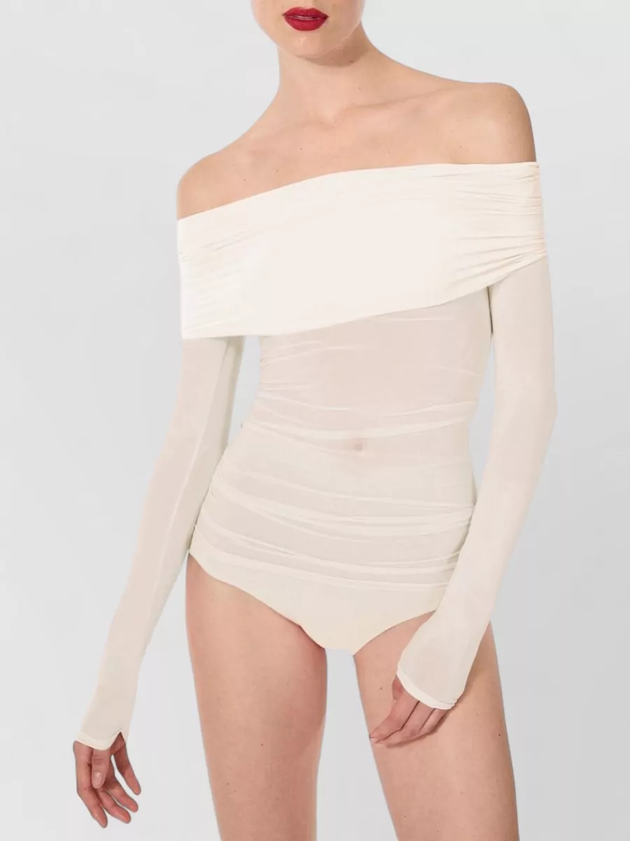 Wolford Off Shoulder Ruched Sheer Knitwear Top