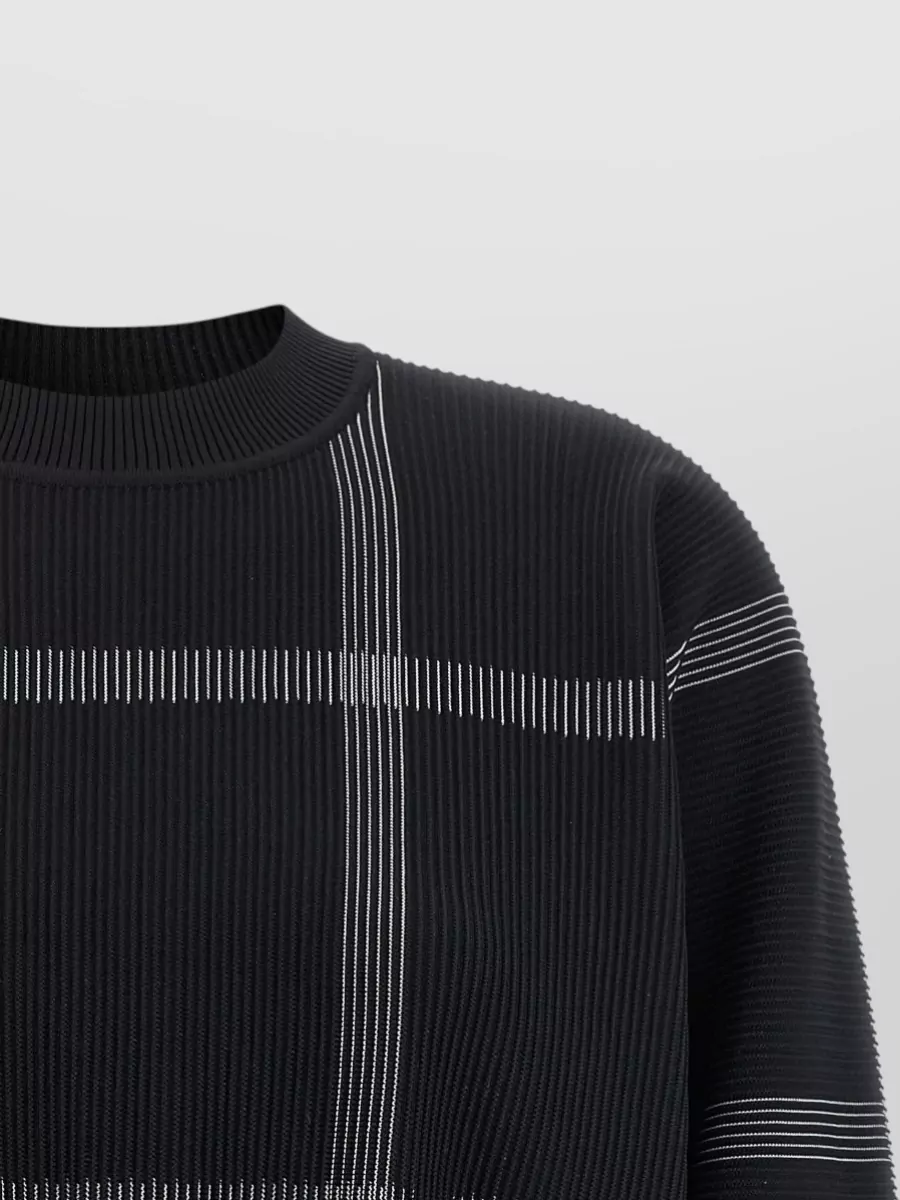 Pleats Please Issey Miyake Ribbed Checked Cropped Crew Neck Long-Sleeve Jumper