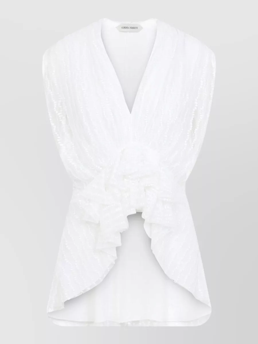 Alberta Ferretti Pleated Asymmetric Draped Sleeveless V-Neck Blouse