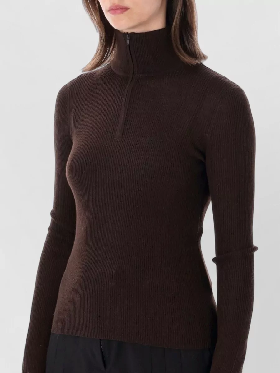The Frankie Shop Merino Wool Silk Ribbed Slim Fit Quarter Zip Sweater