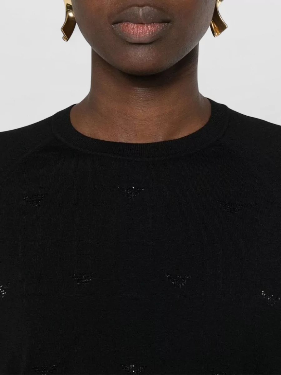 Emporio Armani Wool Fine-Knit Rhinestone-Appliqué Logo Crew-Neck Jumper