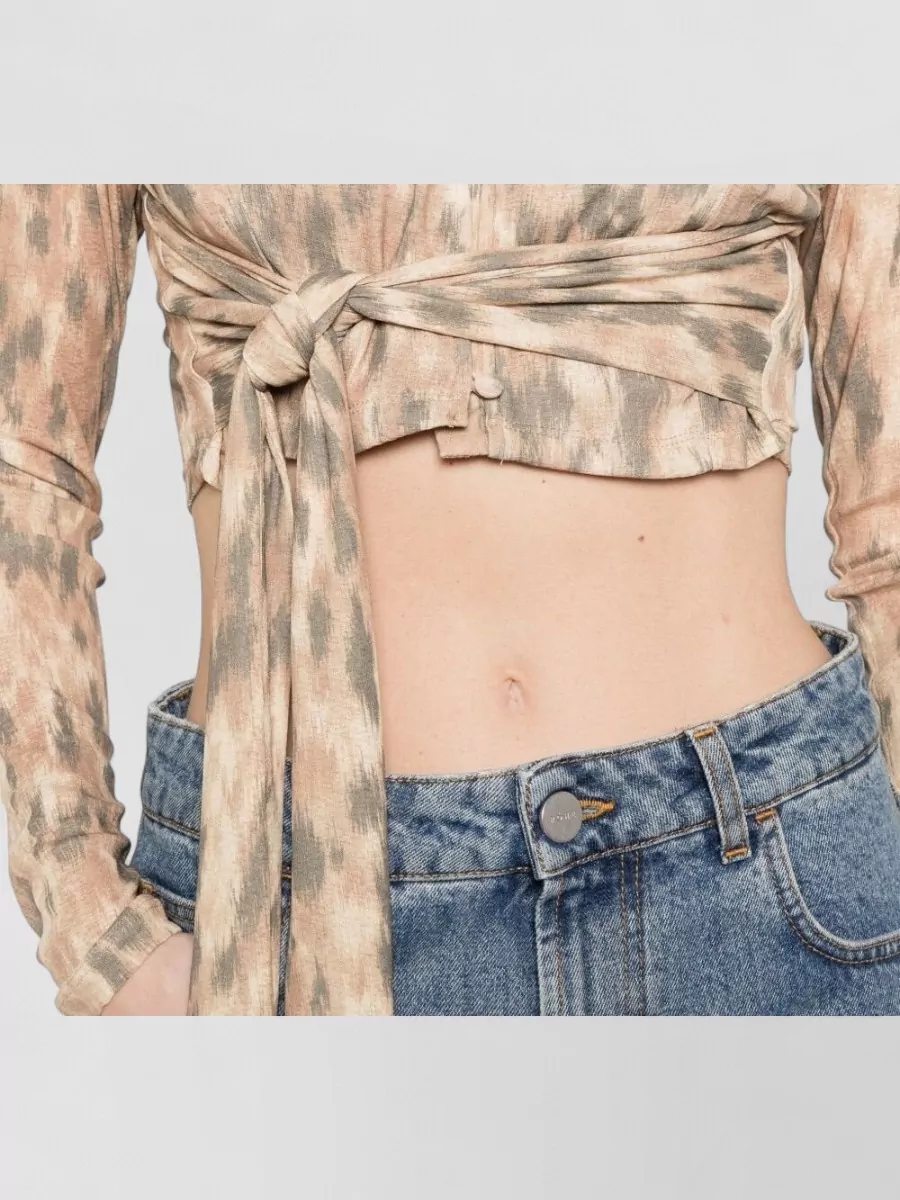 Ganni Printed Wrap Long-Sleeve Cropped Blouse