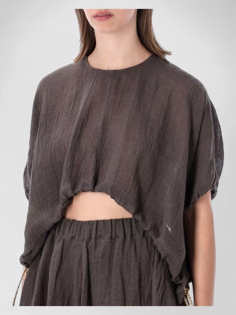 120% Lino Linen Crinkled Cropped Short-Sleeve Blouse