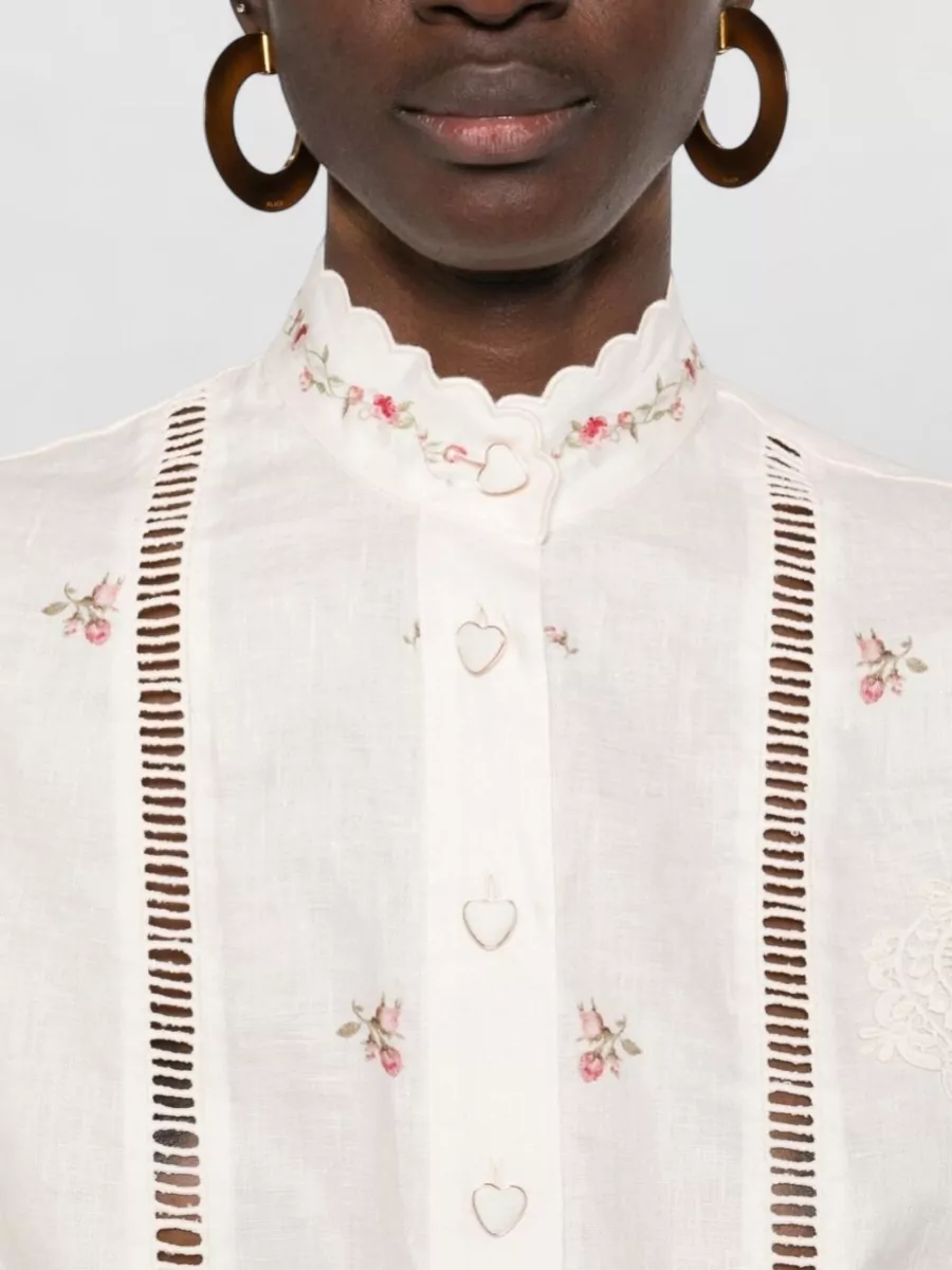Zimmermann Floral Print Lace Trim Short Sleeve Linen Shirt
