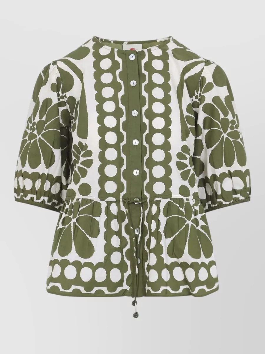 Farm Rio Printed cotton short-sleeve drawstring blouse