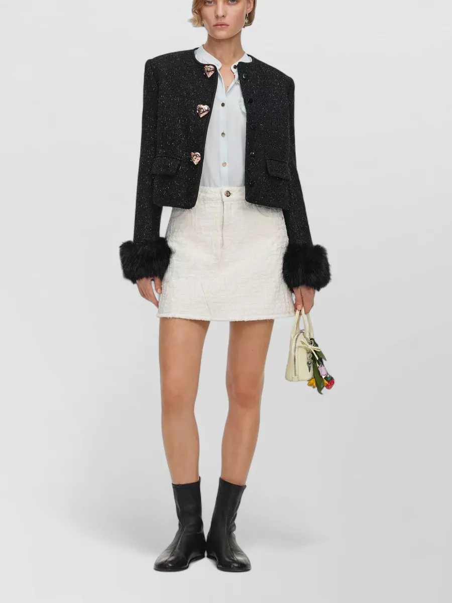 Self-Portrait metallic bouclé cropped faux fur cuff jacket