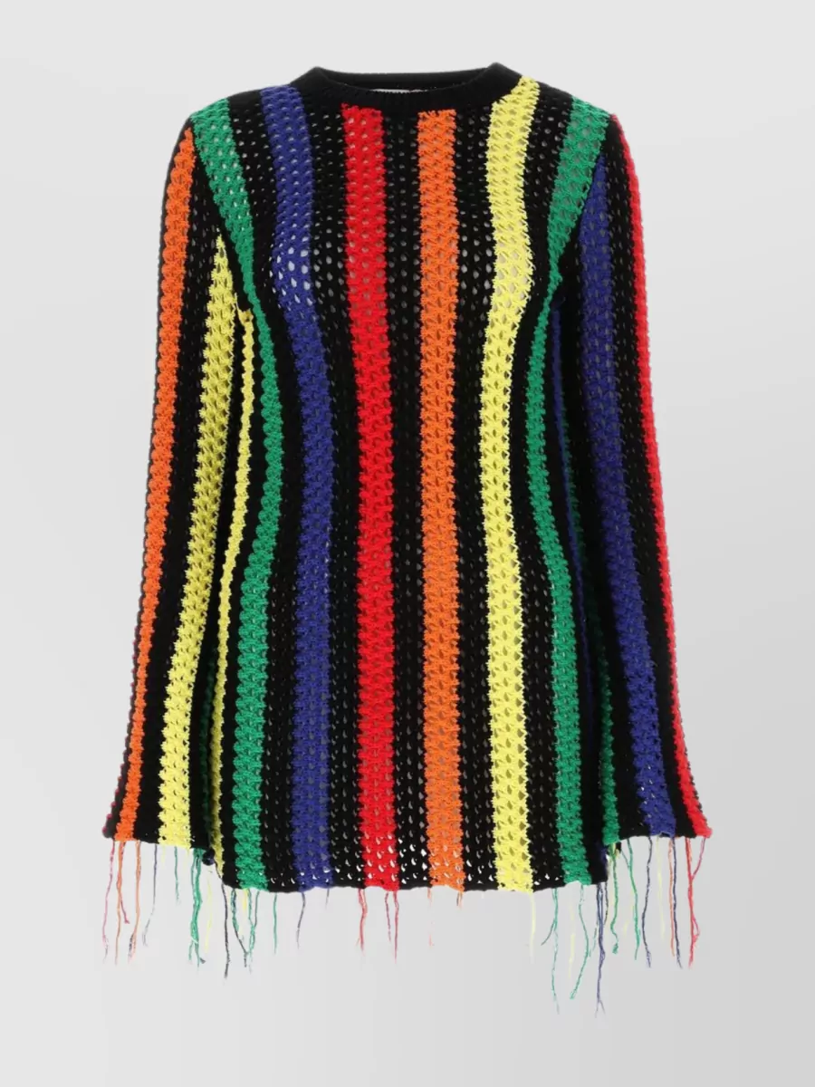 Shop Msgm Textured Cotton Knit Sweater With Fringed Cuffs In Black