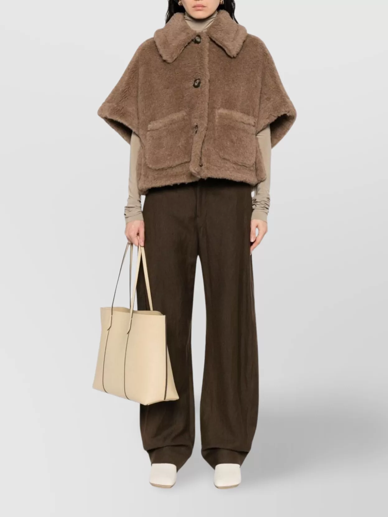 Max Mara Faux Fur Texture Capes With Large Collar In Brown