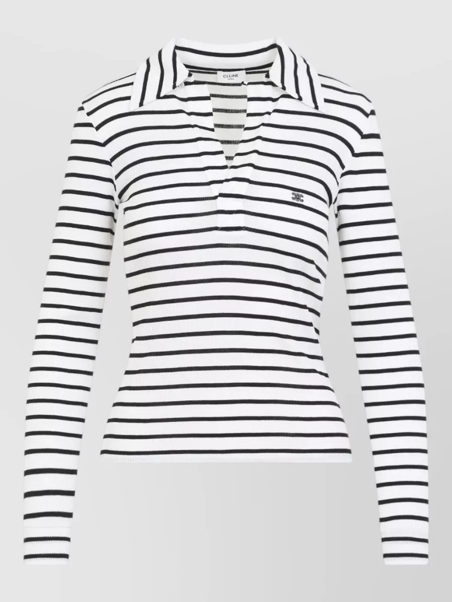 Celine Silk Striped Long-Sleeve Polo Shirt