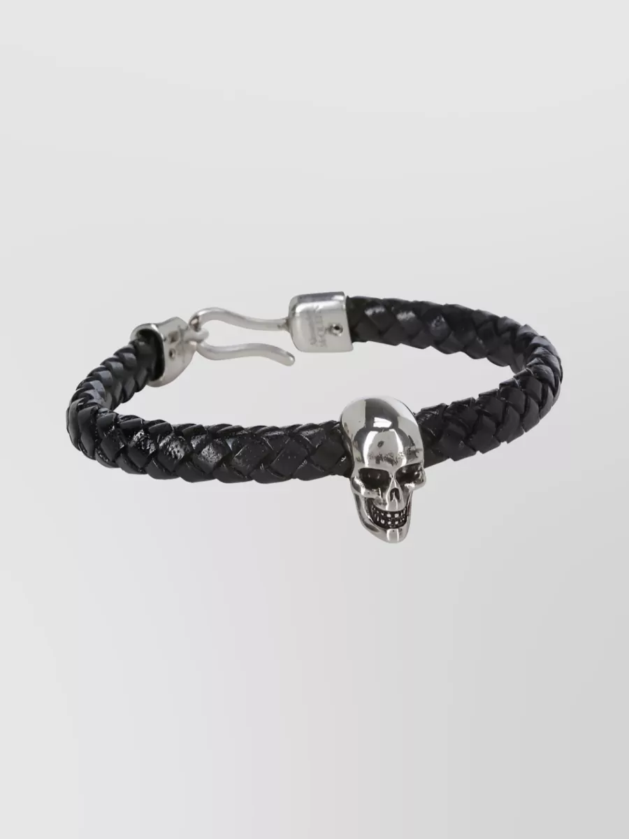 Shop Alexander Mcqueen Braided Skull Charm Bracelet With Signature Detail In Grey