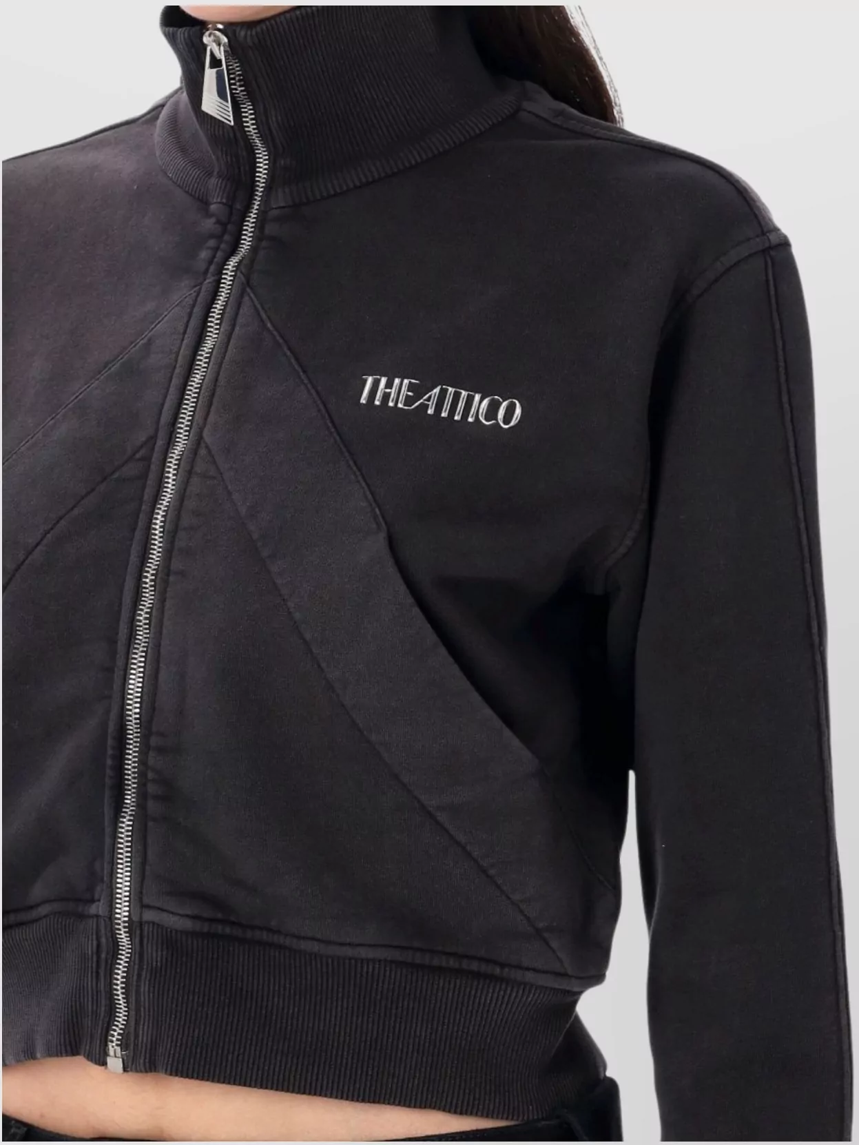Attico Cropped Zip Fleece Ribbed Finish In Black