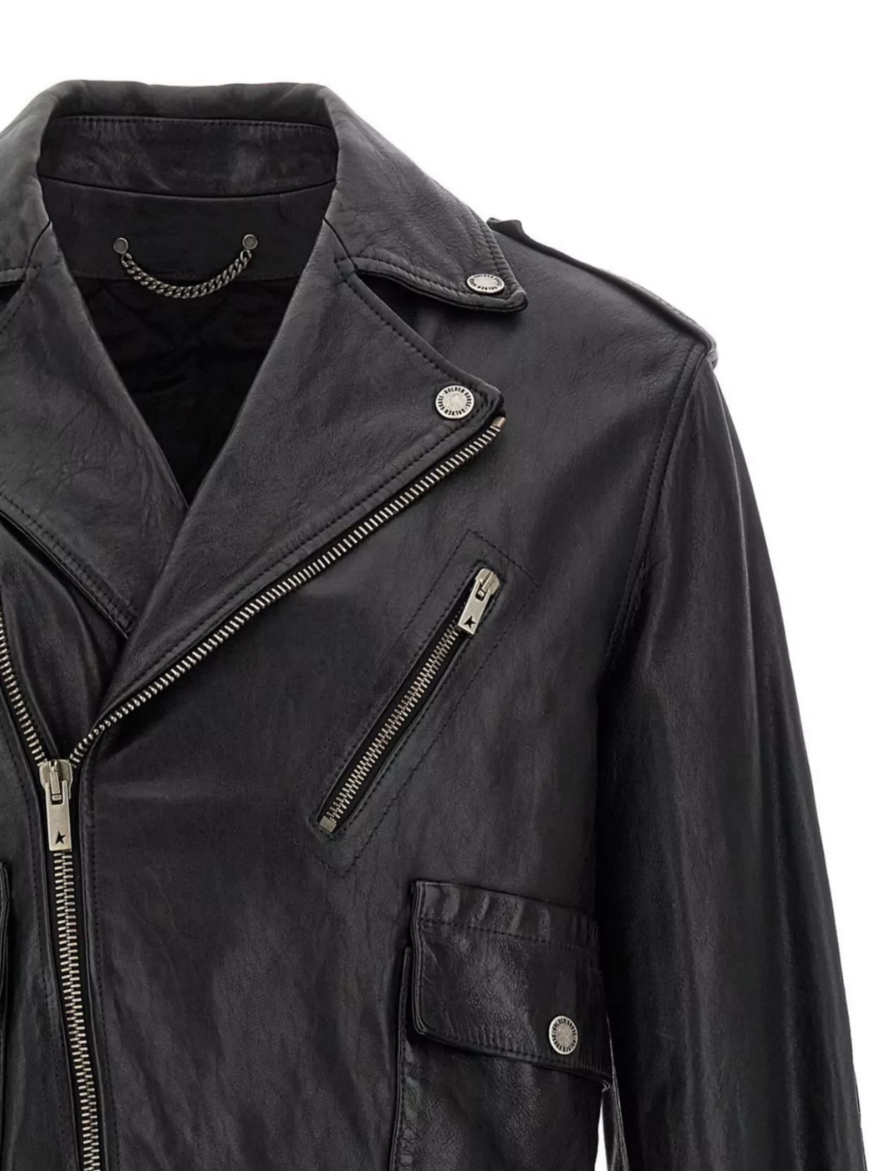 Golden Goose Black Biker Jacket With Notched Revers And Leopard Lining