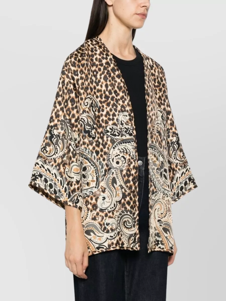 Etro silk leopard-print collarless three-quarter sleeve jacket