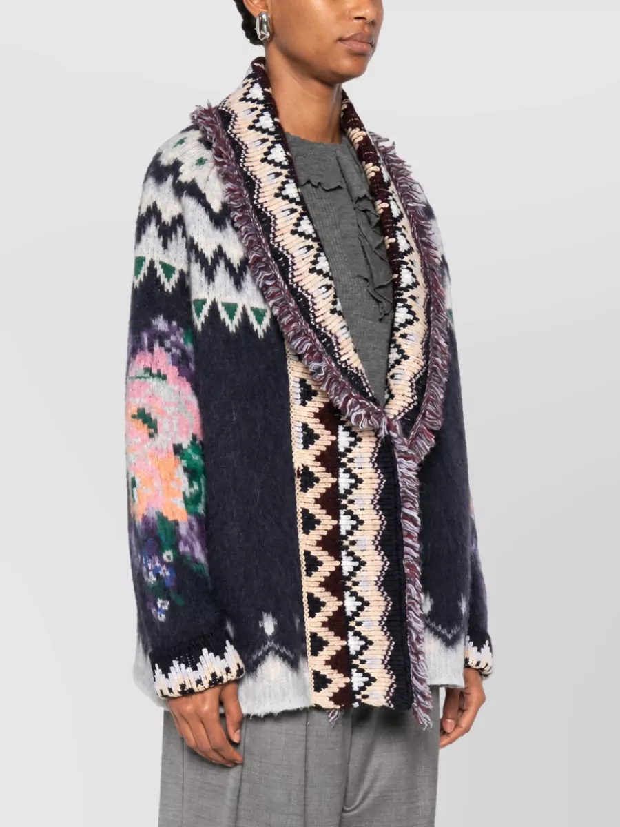 Forte Forte Wool Oversized Geometric Pattern Shawl Collar Long-Sleeve Cardigan