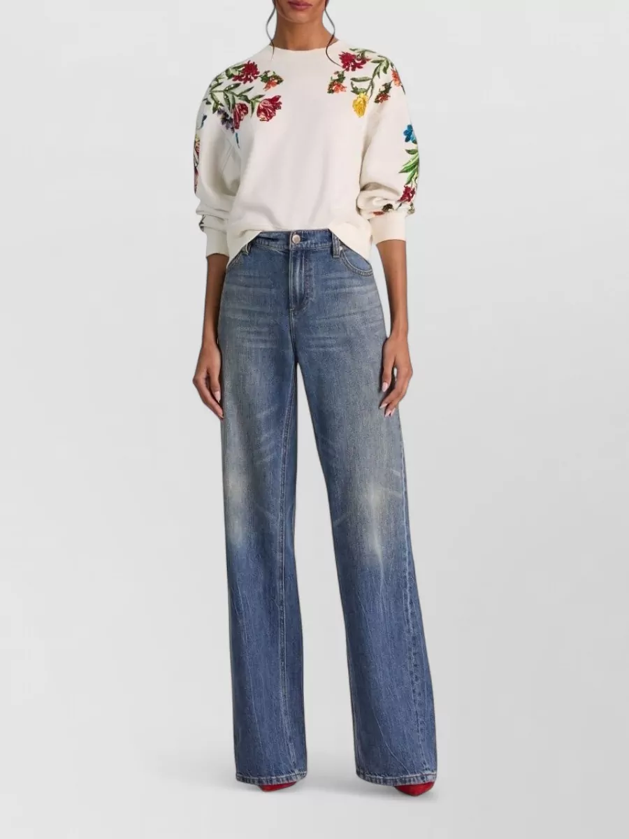 Alice + Olivia Embroidered Cotton Sequin-Embellished Crew-Neck Long-Sleeve Sweatshirt