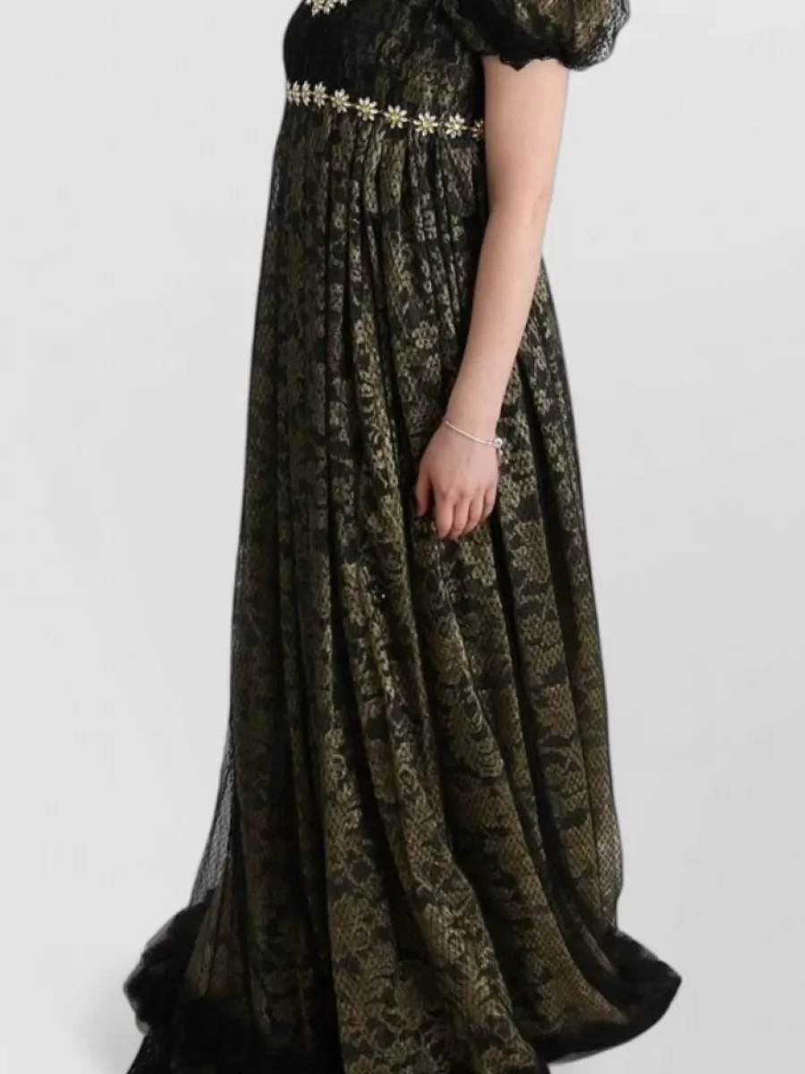 Dolce&Gabbana Crystal Lace V-Neck Puff-Sleeve Maxi Dress