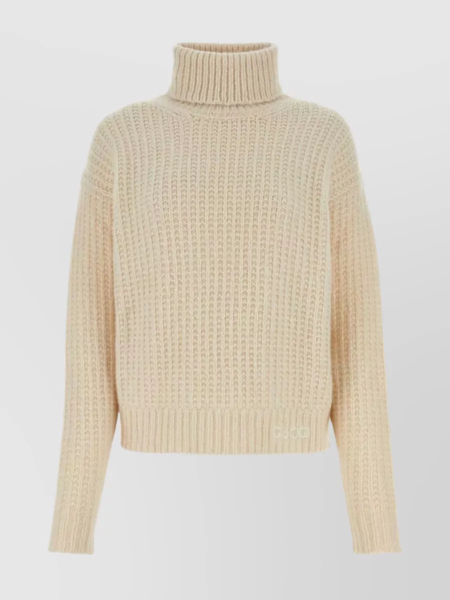 Shop Gucci Turtleneck Cropped Ribbed Knit Sweater In Cream