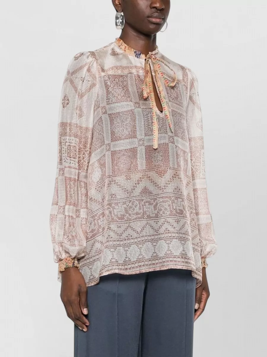 Pierre Louise Mascia Silk Semi-Sheer Printed Ruched Pussy-Bow Long-Sleeve Asymmetric Blouse
