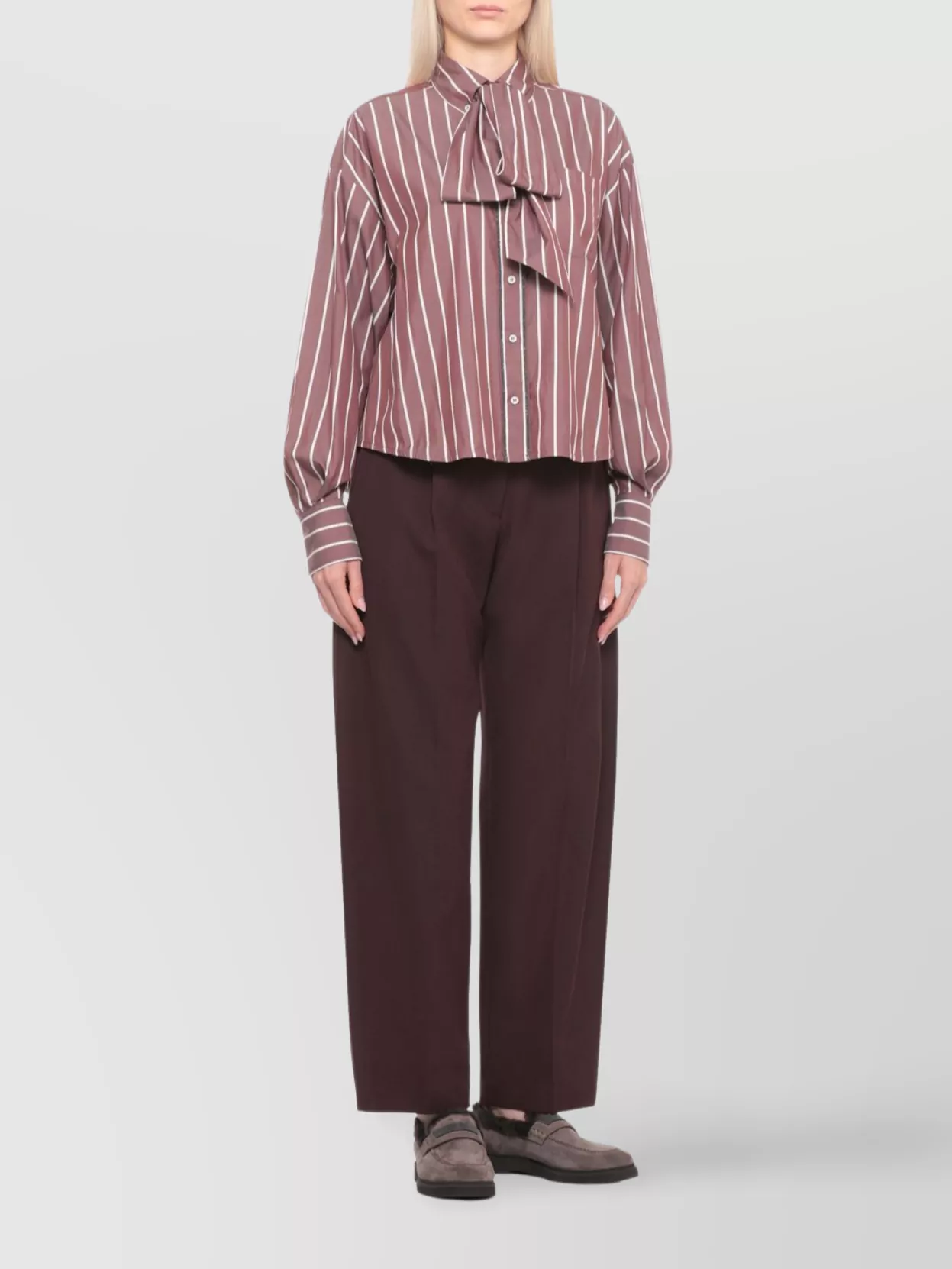 Brunello Cucinelli Striped Long Sleeve Top With Bow Detail In Brown