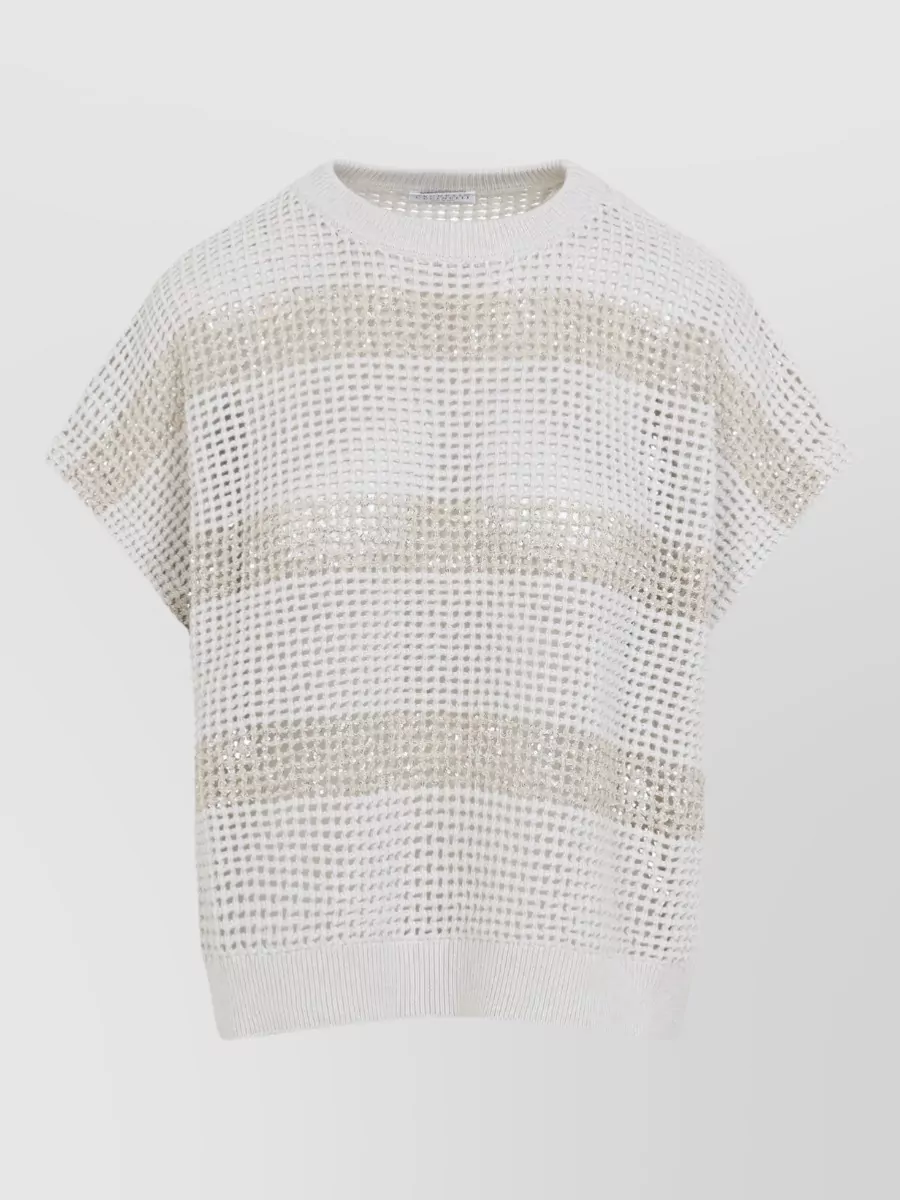 Brunello Cucinelli Striped Openwork Cotton Short-Sleeve Jumper