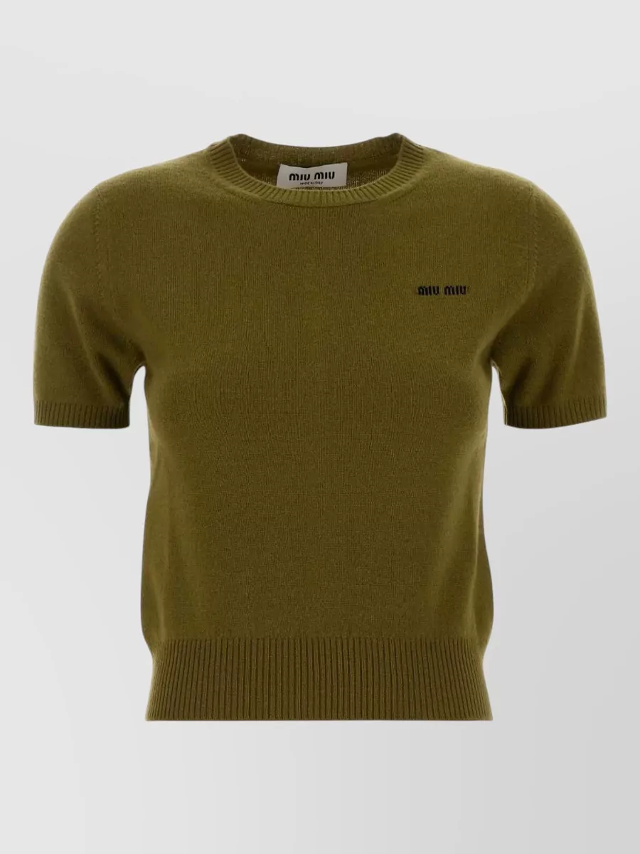 Miu Miu Short Sleeve Crew Neck Knitwear Top In Green