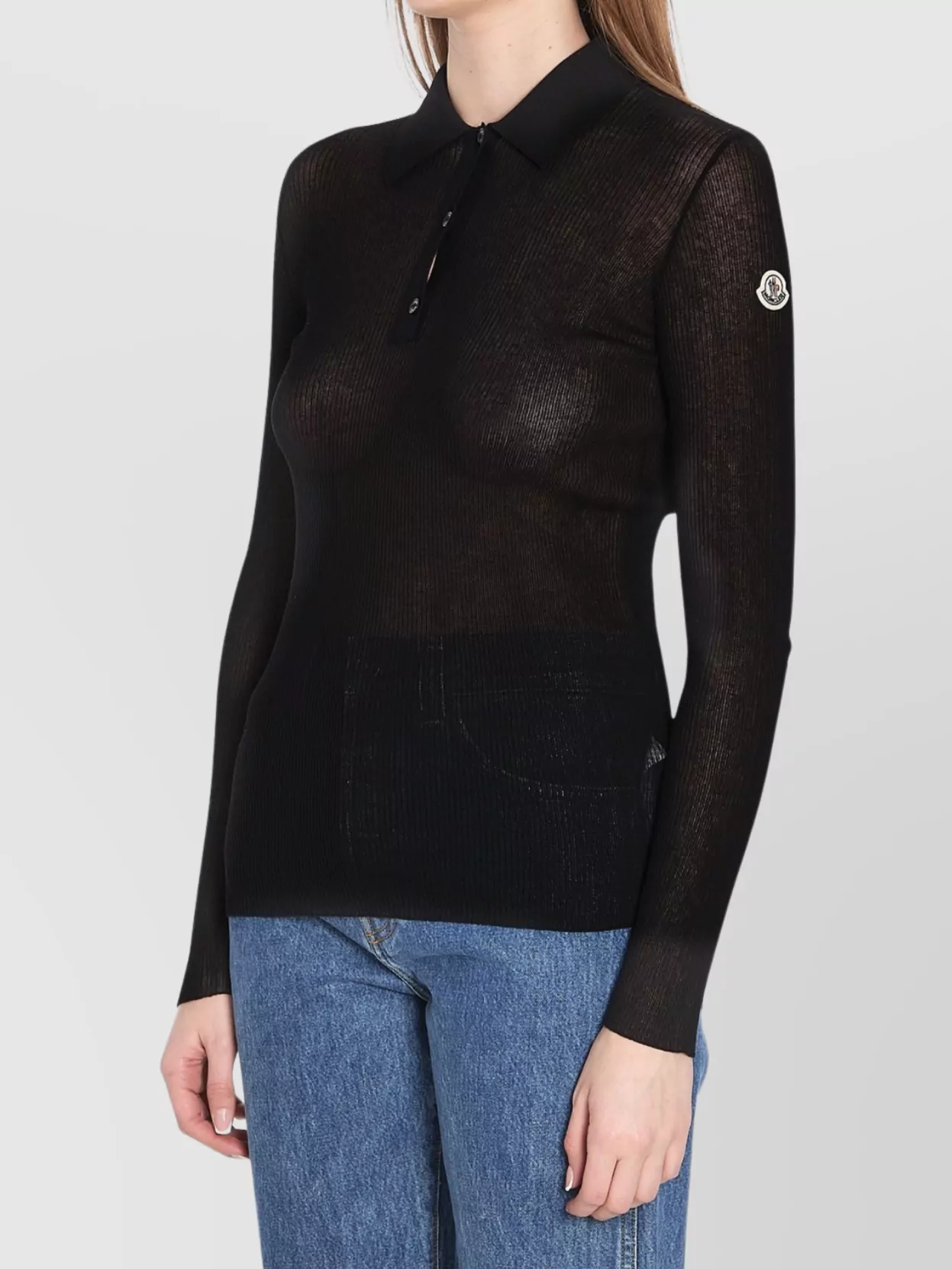 Moncler Sheer Ribbed Cotton Long-sleeve Polo In Black