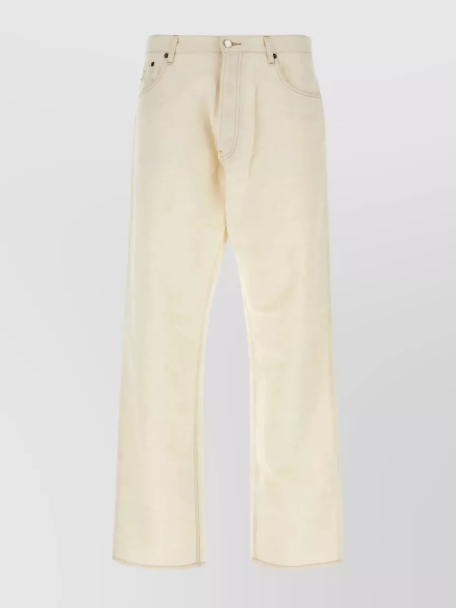 Shop Prada Chambray Wide-cut Cotton Blend Pant In Beige