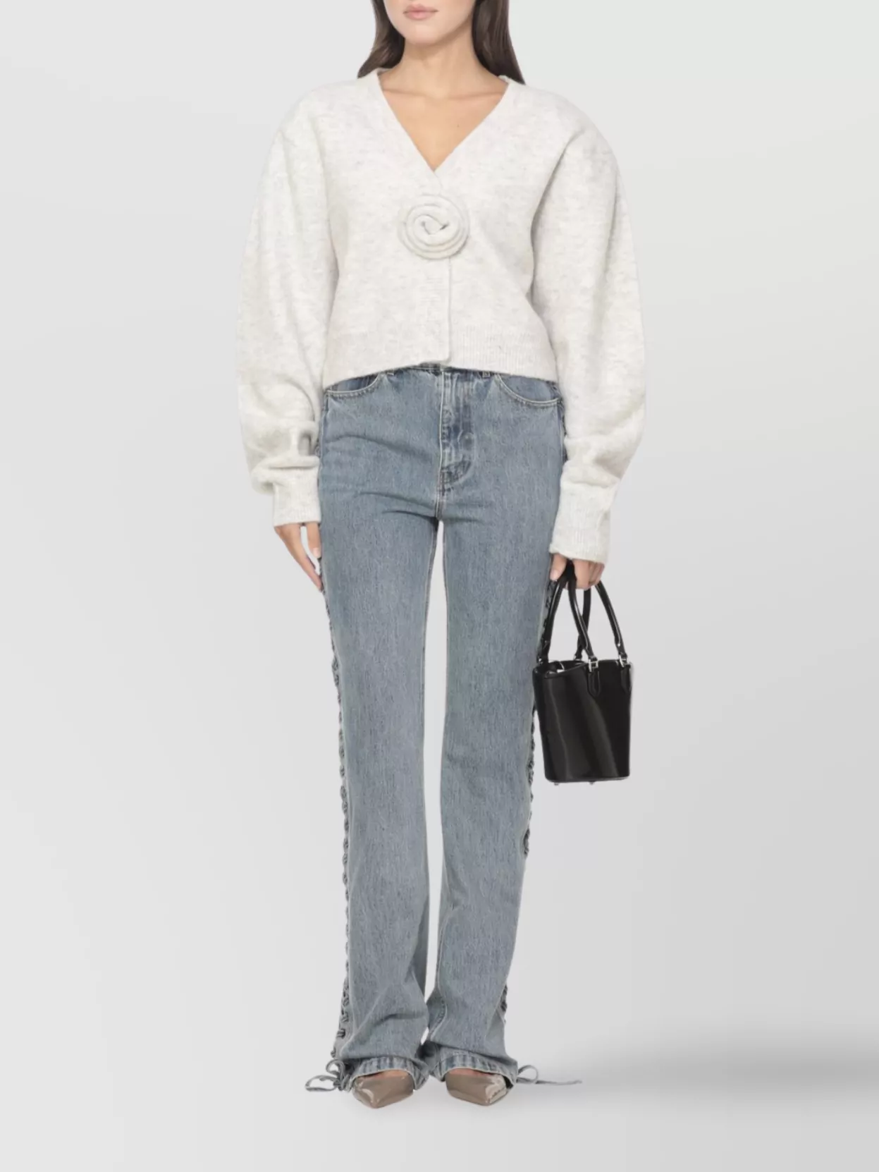 Rotate Birger Christensen Cropped Alpaca And Wool Cardigan With V-neck In Gray
