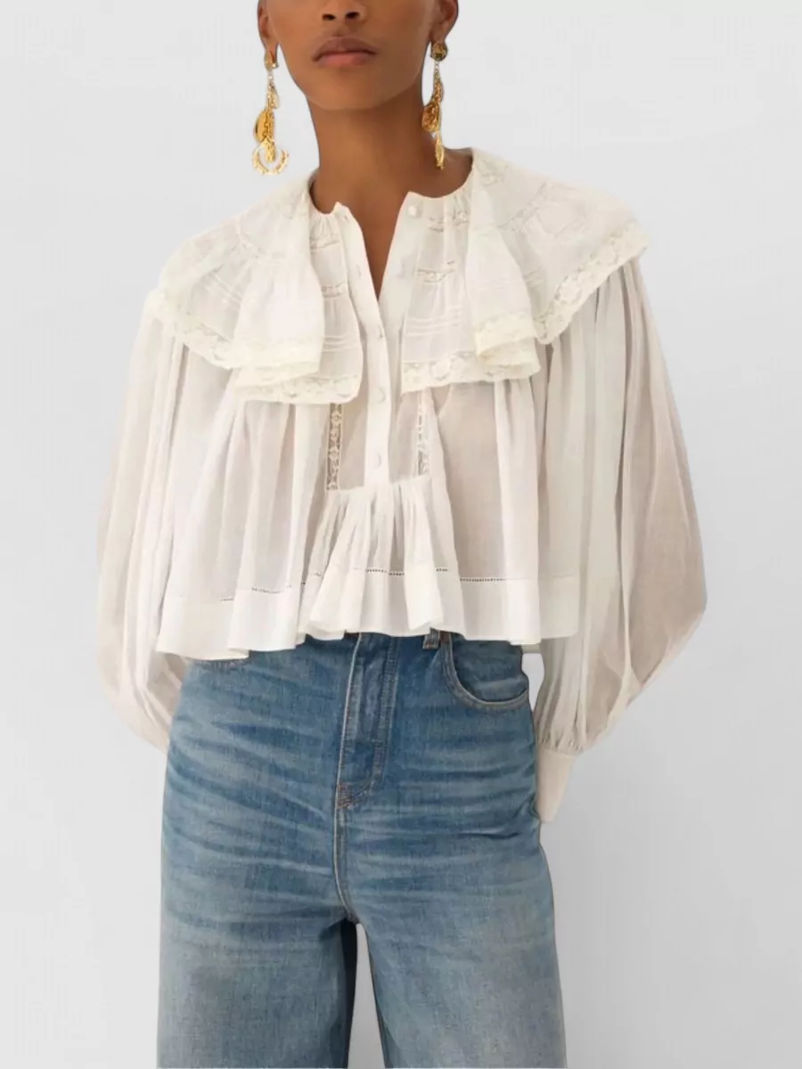 Chloé Cotton Ruffled Lace Cropped Blouse