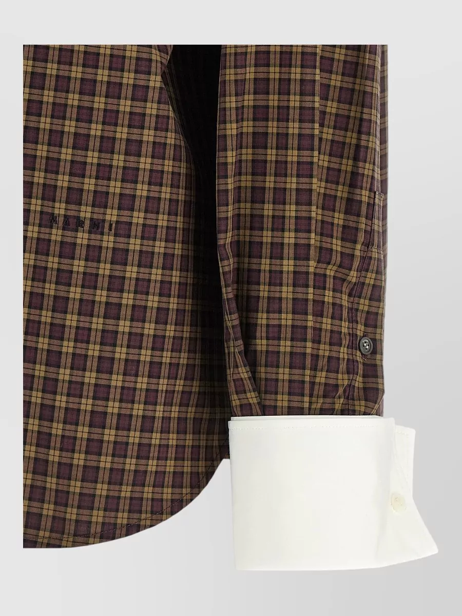 Marni Embroidered Check Cotton Scarf Collar Oversized Shirt