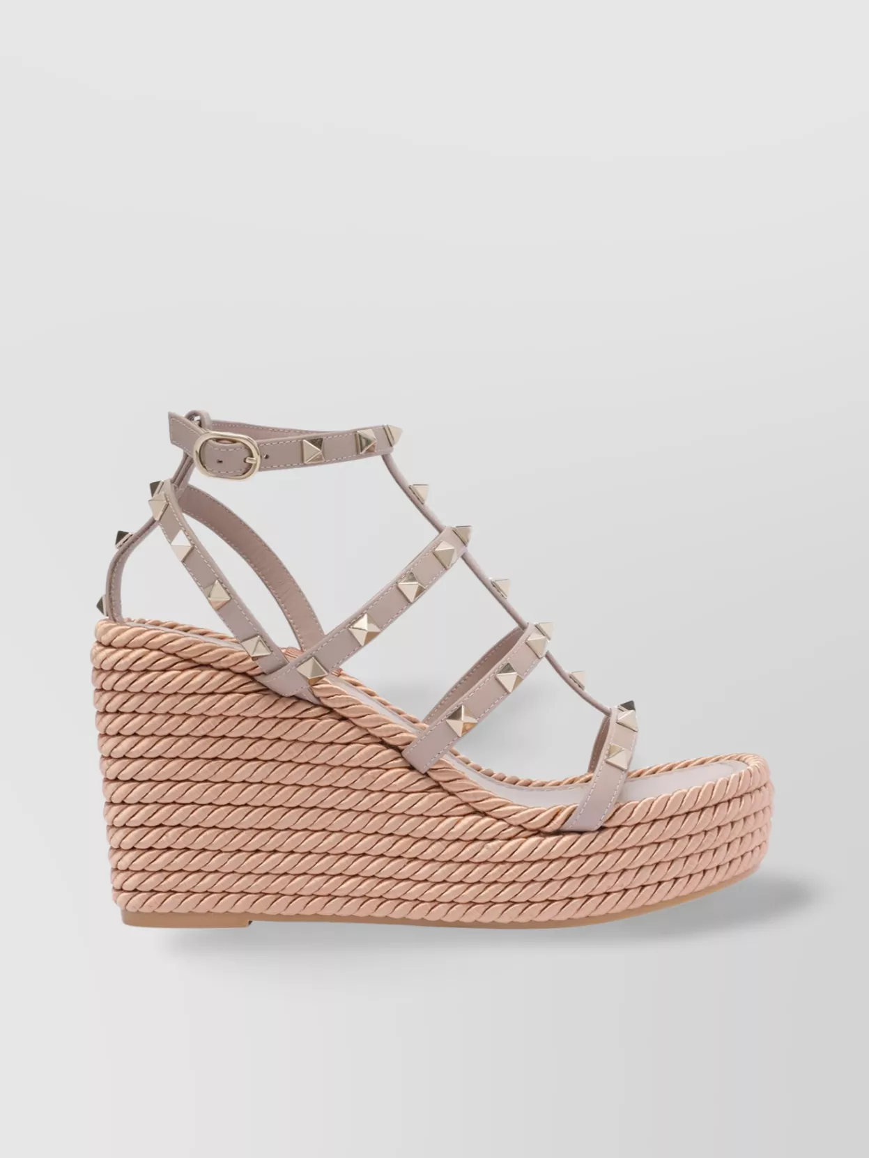 Shop Valentino Studded Leather Wedge Sandals With Rafia Platform