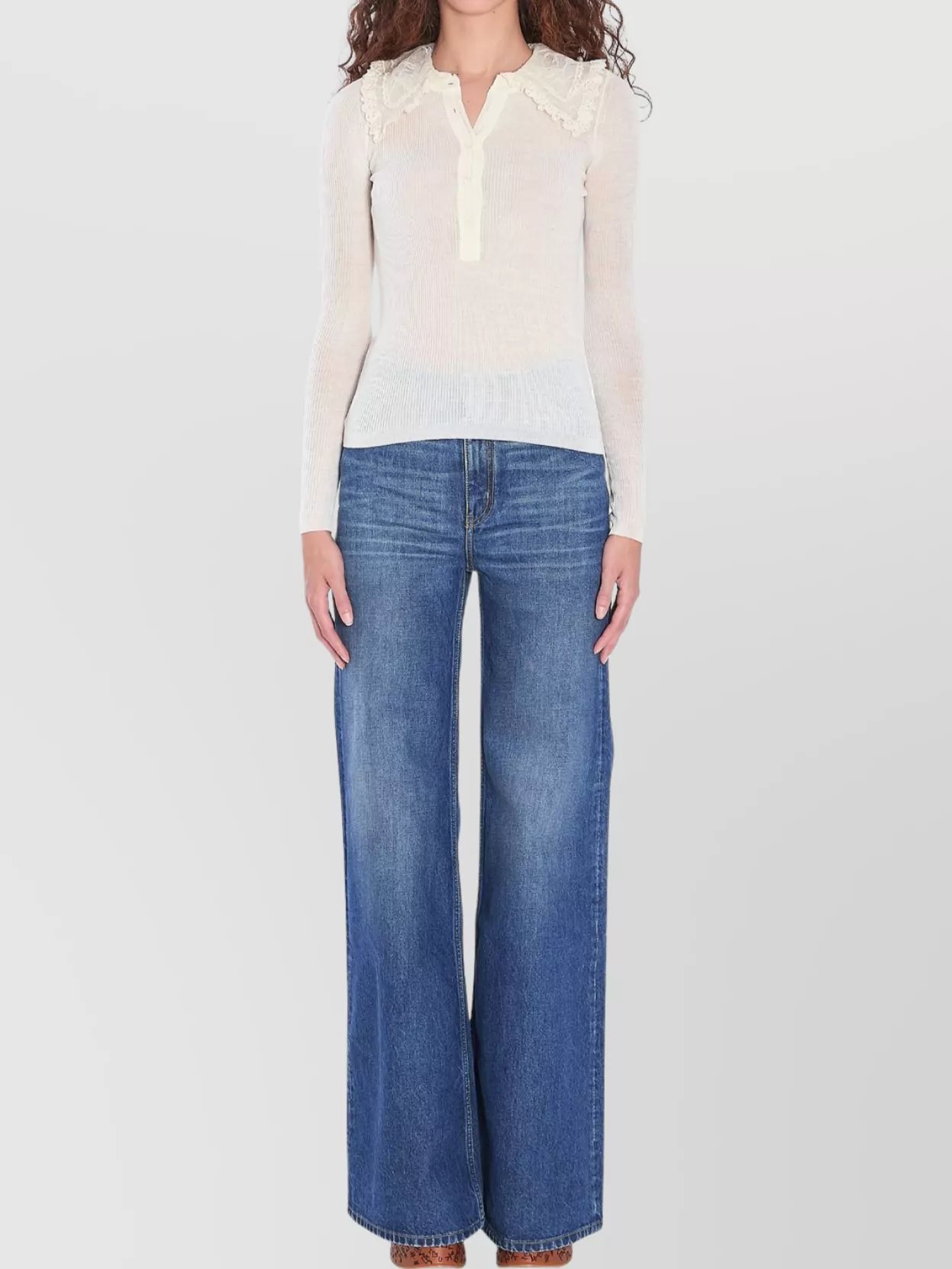 Chloé Lace Collar Ribbed Texture V-neck Shirt In Blue