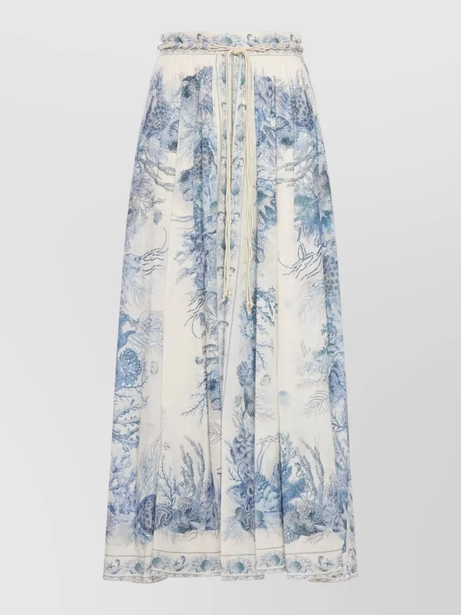 Zimmermann Wanderlust Belted Pleated Printed Cotton Maxi Skirt In Blue