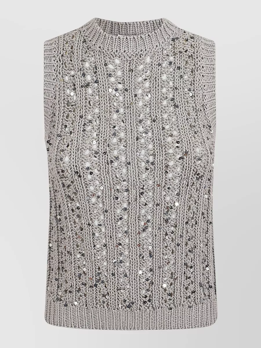 Peserico Cotton Crochet Knit Sequined Sleeveless Tank Top