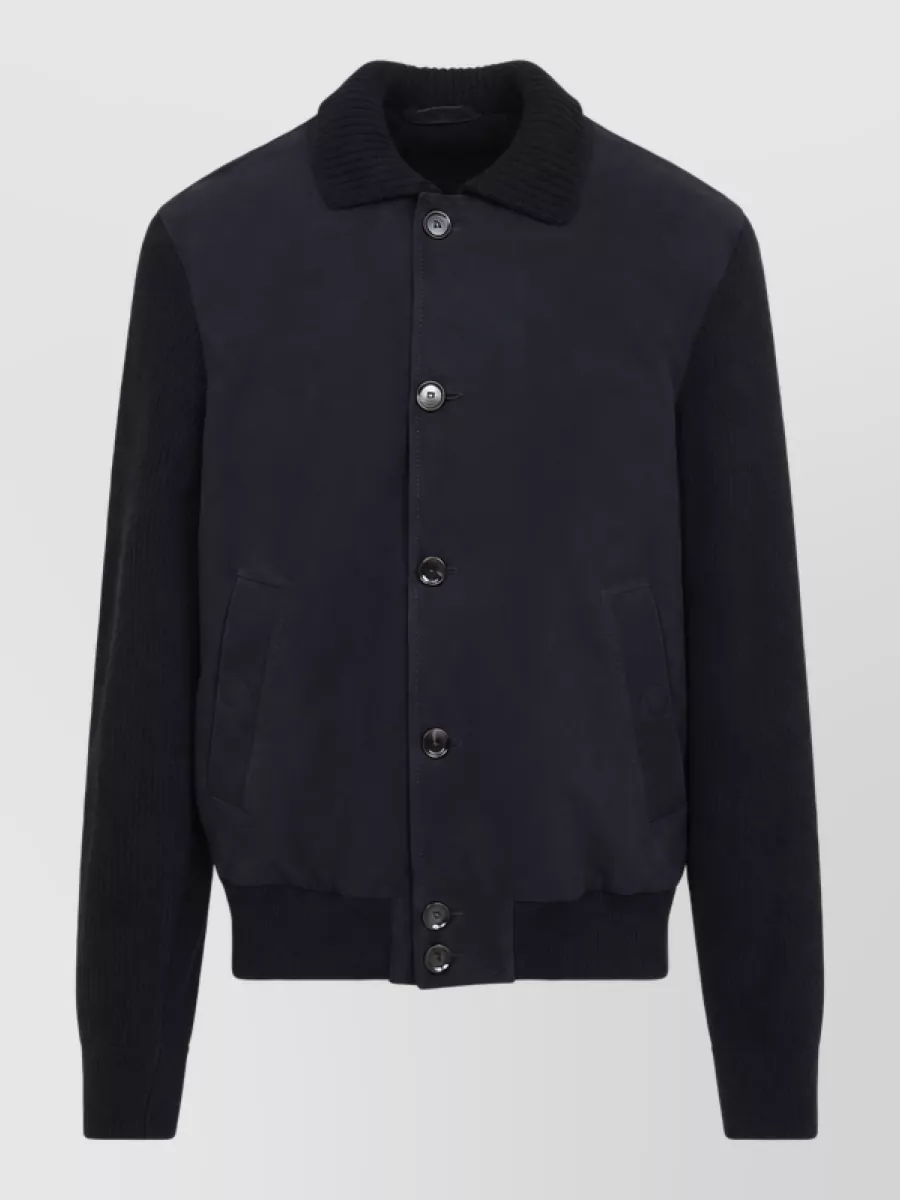 Brioni leather ribbed-collar single-breasted jacket
