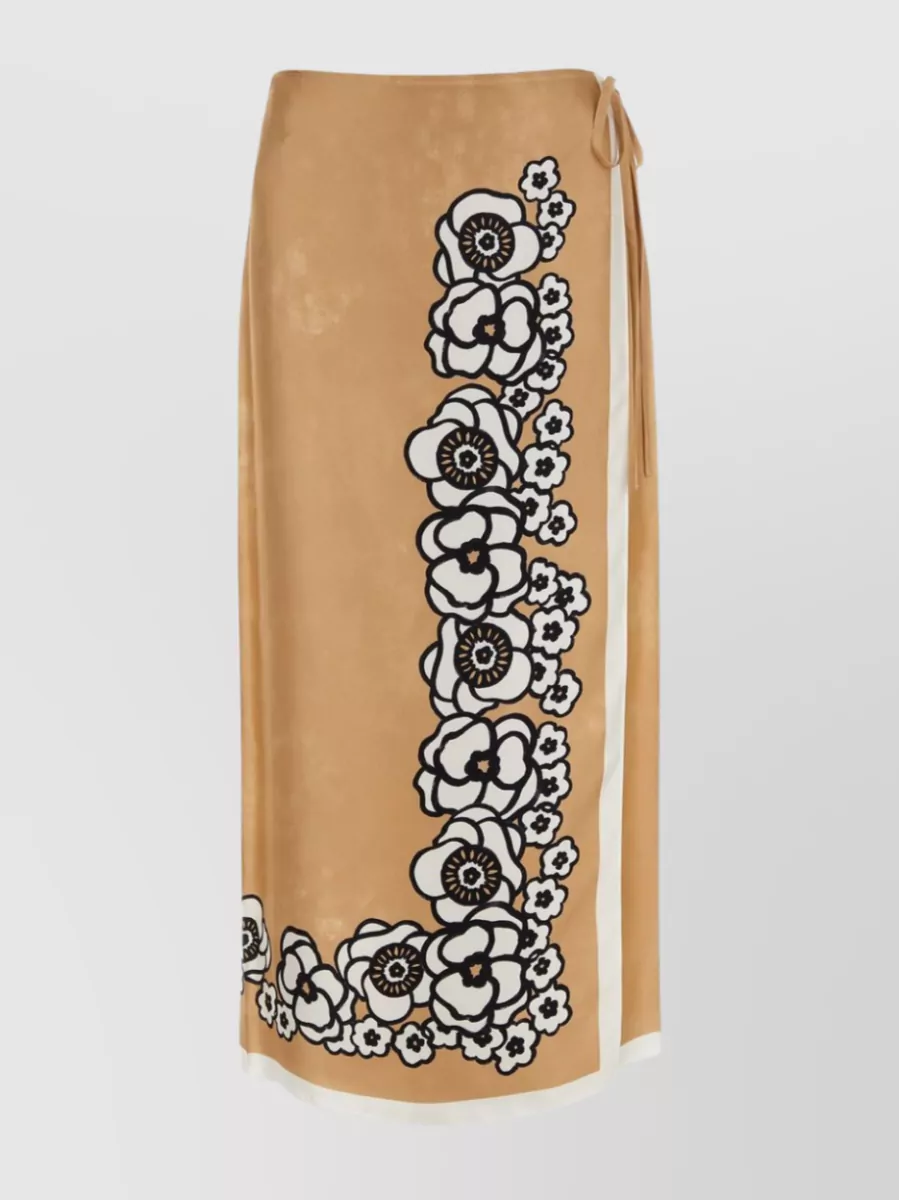 Shop Prada Silk Skirt With Peculiar Floral Print And Side Tie Detail In Cream