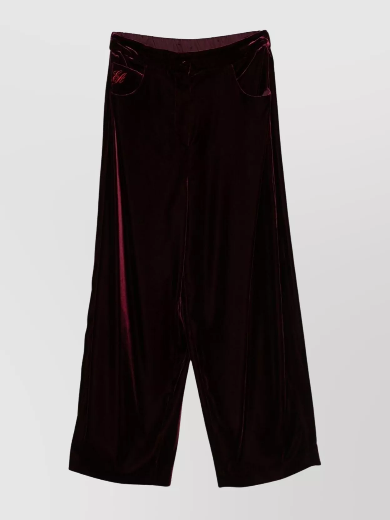 Emporio Armani Wide Leg Velvet Trousers Embroidered Detail In Burgundy