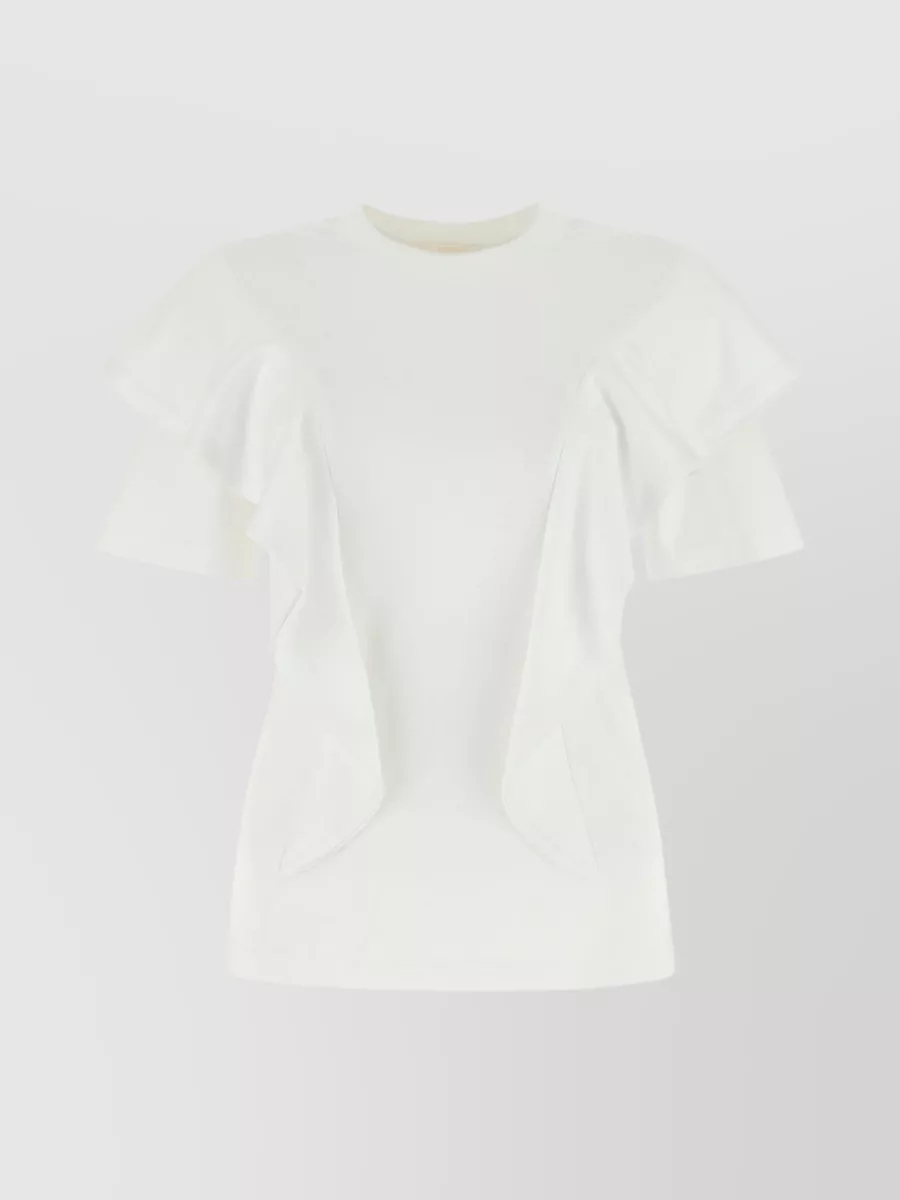 Shop Chloé Structured Cotton T-shirt With Flounces In White