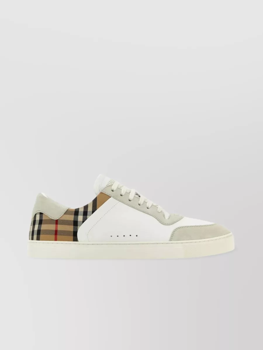 Shop Burberry Suede And Leather Sneakers With Vintage Check Insert In Cream