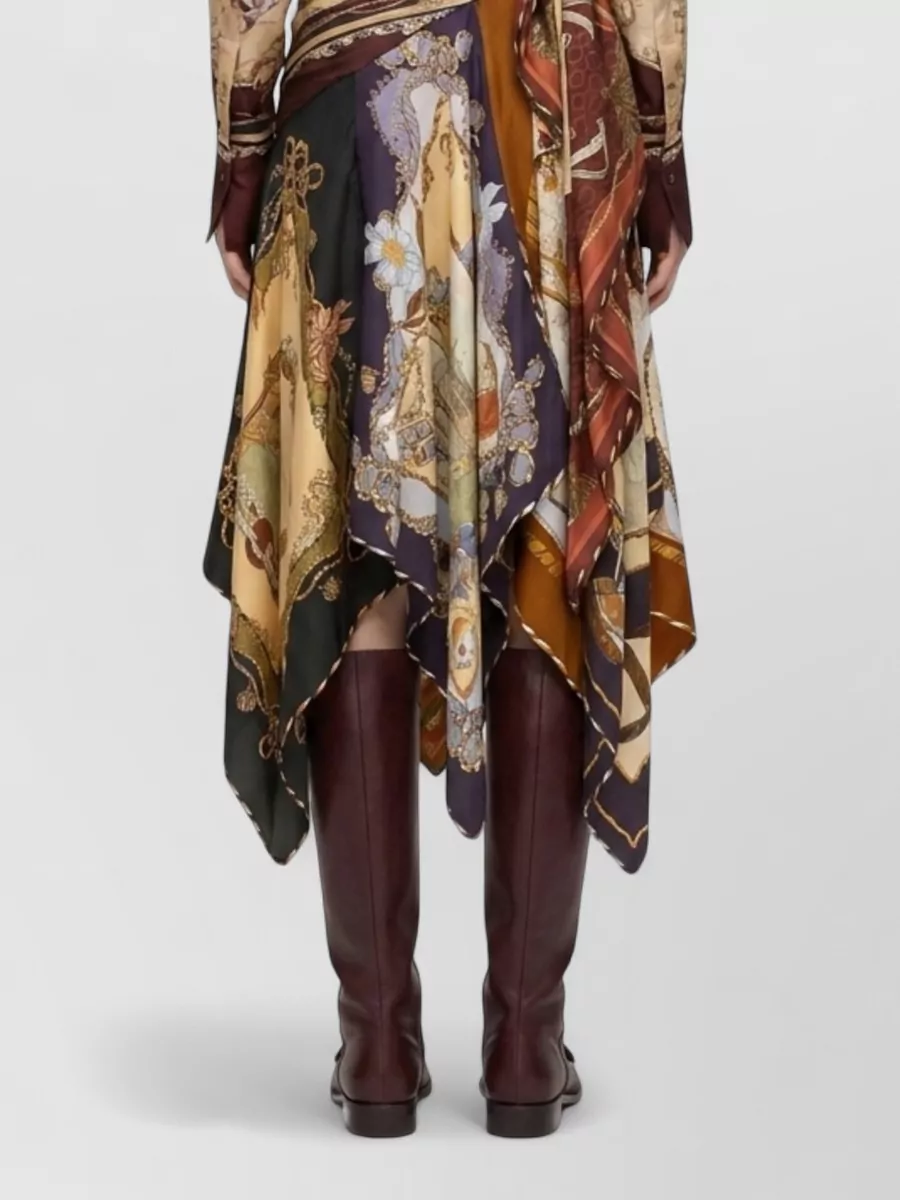Zimmermann Silk Printed Draped Handkerchief-Hem Midi Skirt