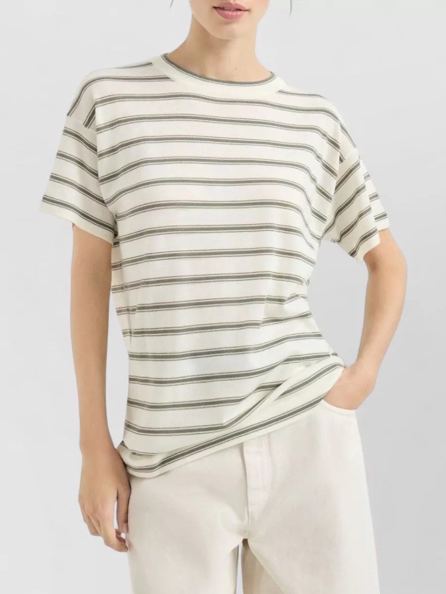 Brunello Cucinelli Short Sleeve Striped Wool Crewneck Sweater